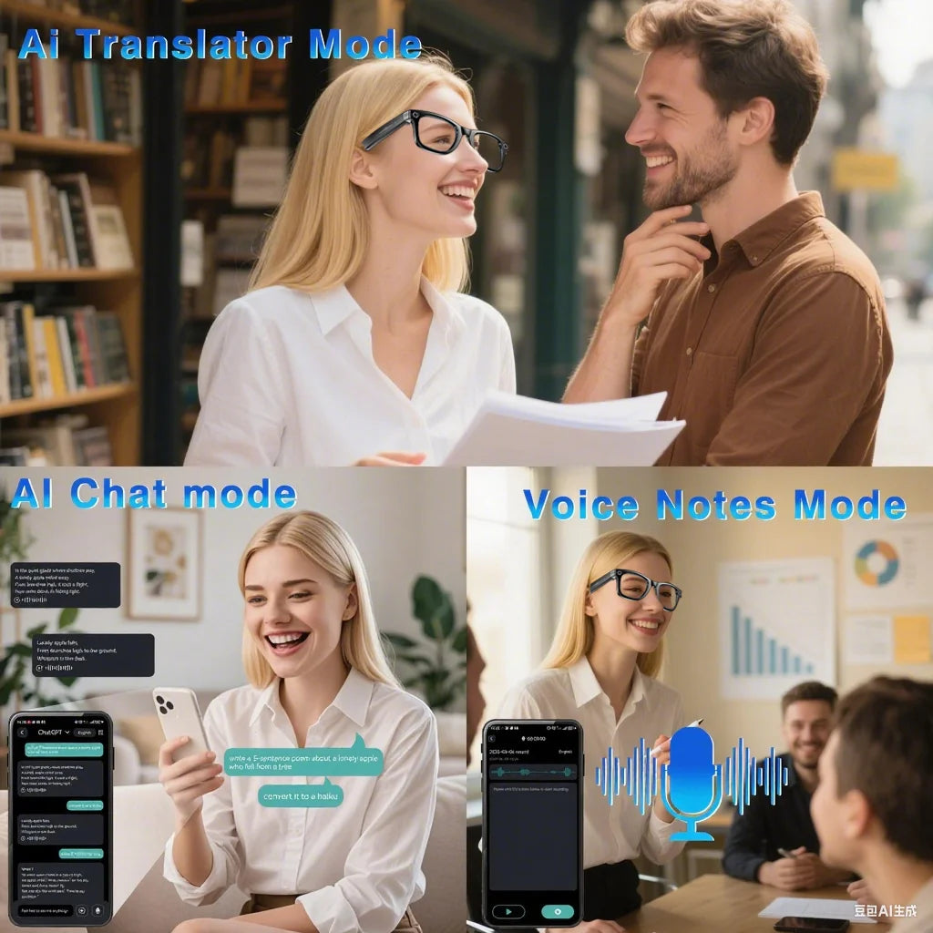 Smart Glasses with 4K AI Camera, BT/WIFI, Voice Assistant, Simultaneous Interpretation, & Object Recognition - 270mAh